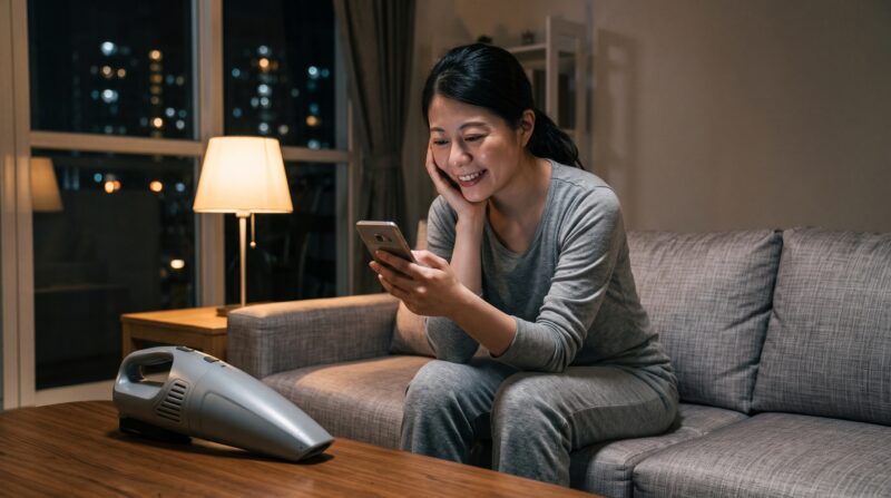 夜のリビングで女性がスマートフォンを見て安堵の笑顔を浮かべている。