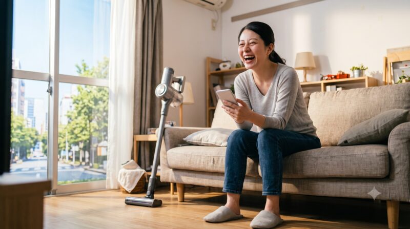 明るいリビングのソファでスマートフォンを見ながら笑う女性と、横に立つコードレス掃除機。