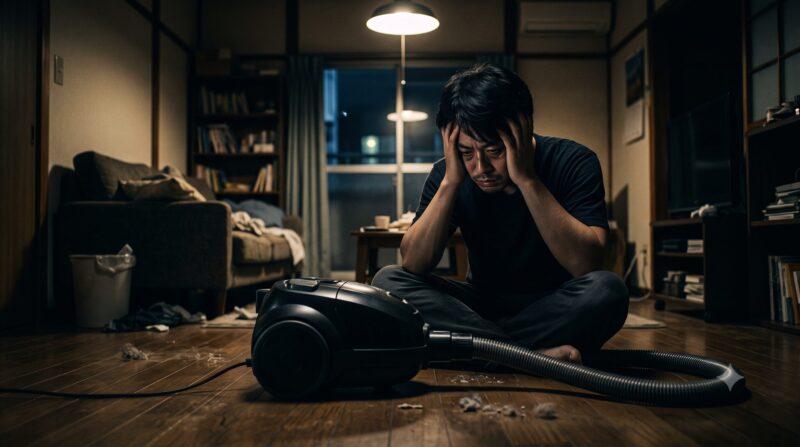 掃除機のデメリットや購入の失敗に後悔し、薄暗い部屋で頭を抱えて悩む男性。