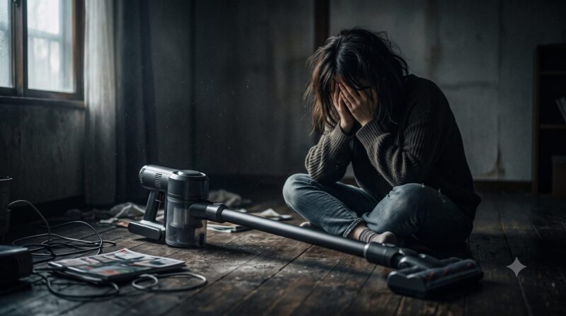 コードレス掃除機のデメリットや購入の失敗に後悔し、暗い部屋で頭を抱えて絶望する女性の様子。