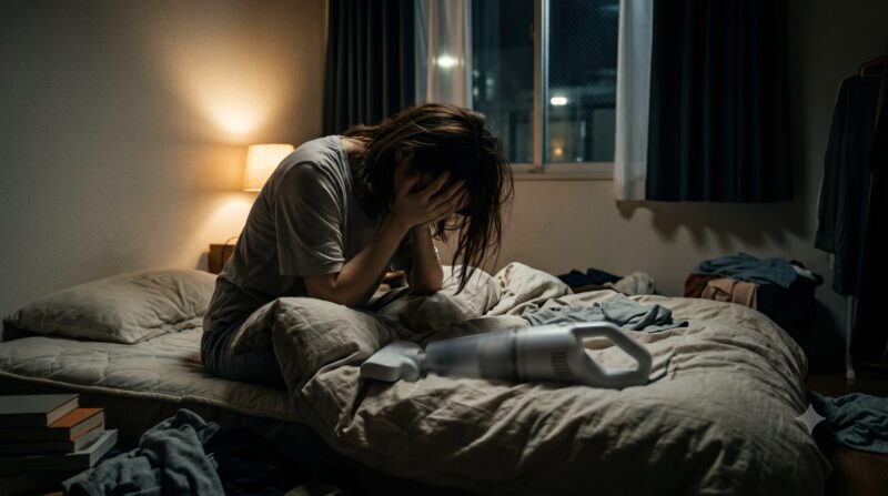 夜のベッドルームで、白いコードレス布団クリーナーを前に顔を覆って絶望する女性。