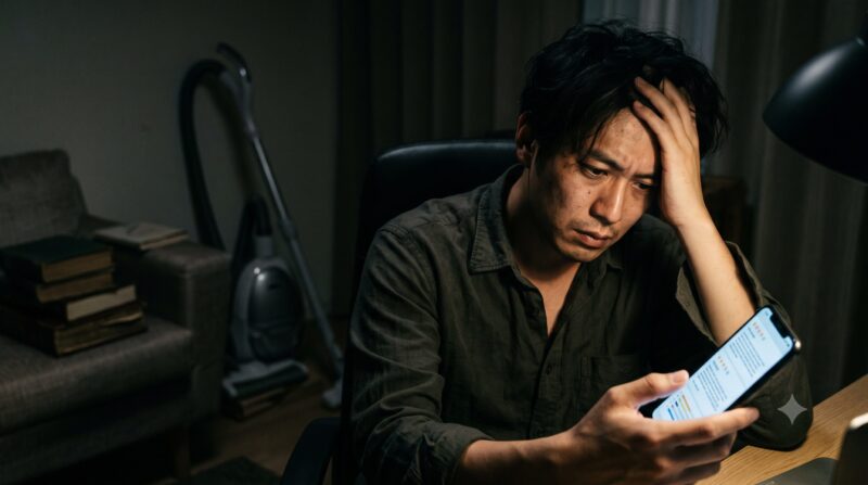 暗い部屋で掃除機の口コミや評判をスマホで調べて深く悩んでいる男性の様子