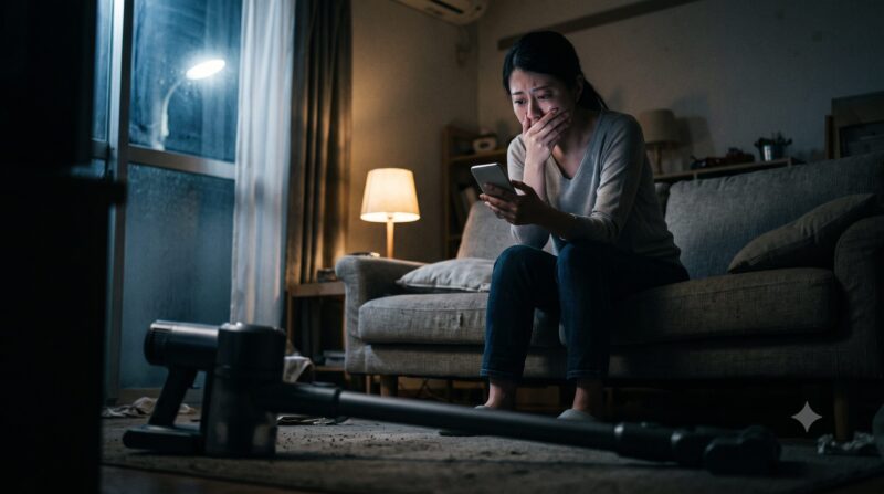 夜の散らかった部屋で、床に置かれたコードレス掃除機を前に、スマートフォンを見ながら泣いている女性の姿。