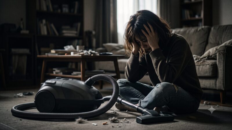 掃除機のデメリットや購入の失敗に後悔し、暗い部屋で頭を抱えて絶望する女性のイメージ画像。