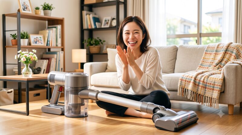 明るいリビングルームで、コードレススティック掃除機を前に笑顔で拍手する女性