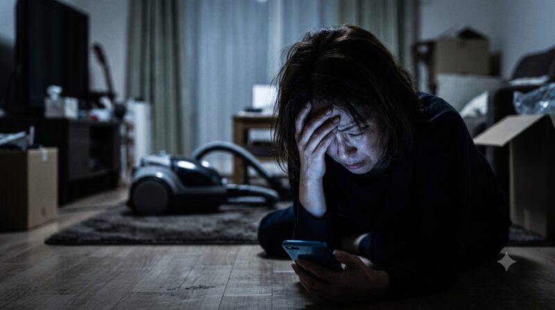 掃除機の悪い口コミや評判を見て後悔し、スマートフォンを手に頭を抱える女性の画像