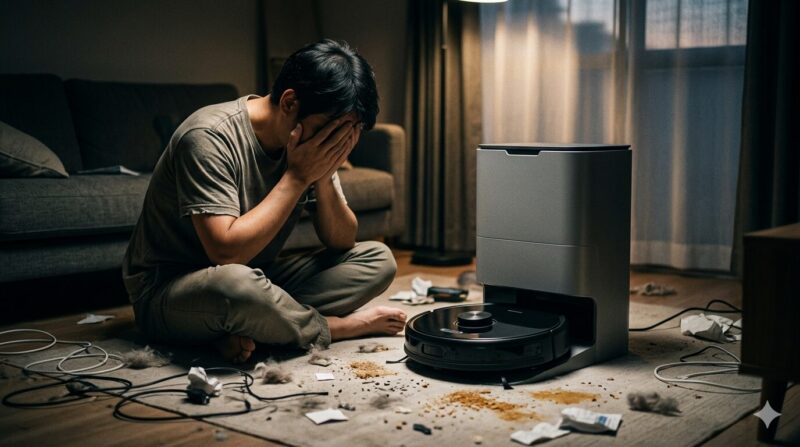散らかったリビングでロボット掃除機を前に頭を抱えて絶望する男性