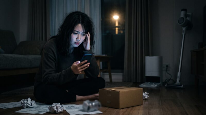 薄暗い部屋でスマートフォンを手に、掃除機の口コミを見て悩む女性