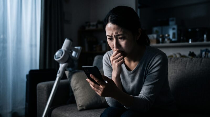 CL115FDの口コミをスマホで検索し、深刻な表情で悩む日本人女性