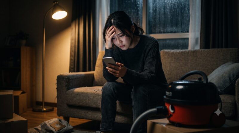スマホを見て頭を抱えて落ち込む日本人女性と、その隣に置かれた赤い掃除機。