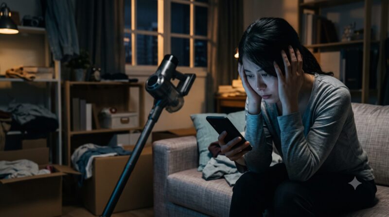 暗い部屋でコードレス掃除機の口コミを見て頭を抱えて悩む女性。