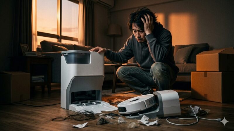 夕暮れの部屋で旧型のロボット掃除機とゴミを前に頭を抱えて後悔する男性