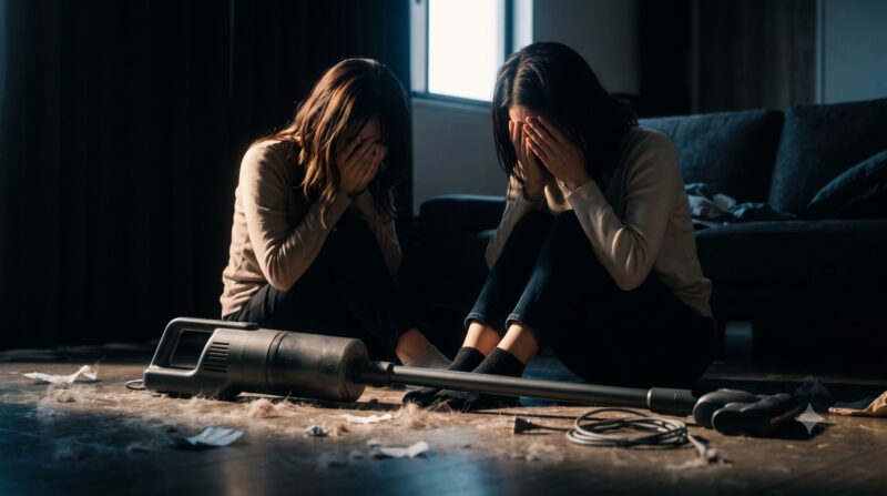 散らかった床と掃除機を前に、顔を覆って絶望する2人の女性