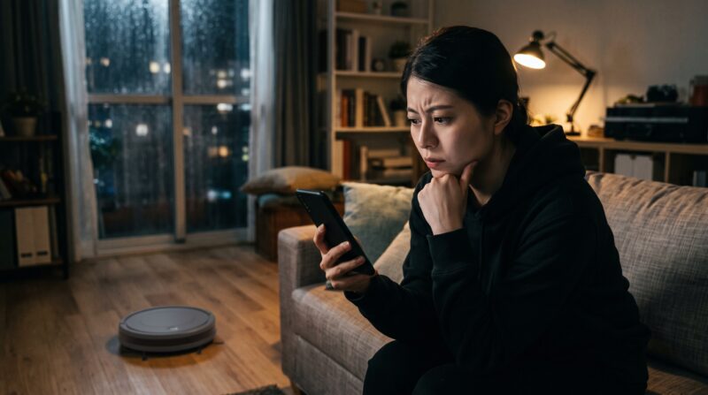 水拭きロボット掃除機の口コミを見て悩む日本人女性と床に置かれた一般的な製品