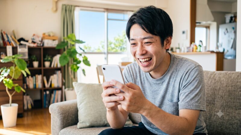 明るいリビングルームで、スマートフォンを手に持ち、画面を見ながら満面の笑みで大笑いしている30代の日本人男性。