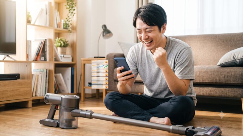 リビングでコードレス掃除機を前に、スマートフォンを見ながら高評価のグラフに喜ぶ男性のガッツポーズ。