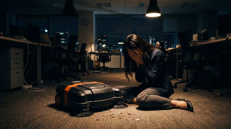 マキタ業務用ロボット掃除機RC200Dを前に、故障か汚れが落ちず、絶望する日本人女性の様子