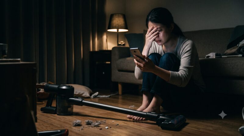 散らかった暗い部屋で、コードレス掃除機を前に泣き崩れる女性とスマホ。