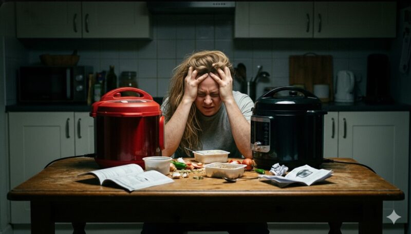 ホットクックとオートクッカービストロの比較で、調理の失敗や選択に頭を抱えて悩む女性