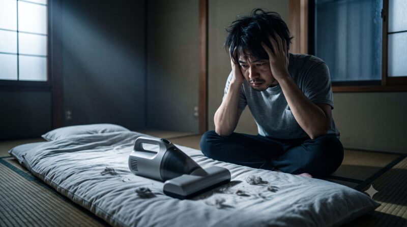 畳の和室で布団クリーナーを前に、ホコリの掃除に頭を抱えて悩む日本人男性。