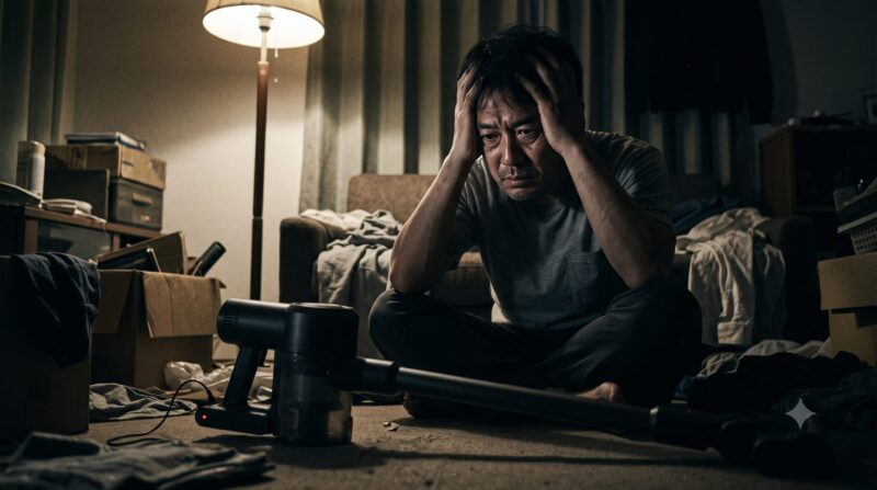 散らかった部屋で分解されたコードレス掃除機を前に頭を抱える男性。悪い口コミのデメリットを実感し、絶望している様子。