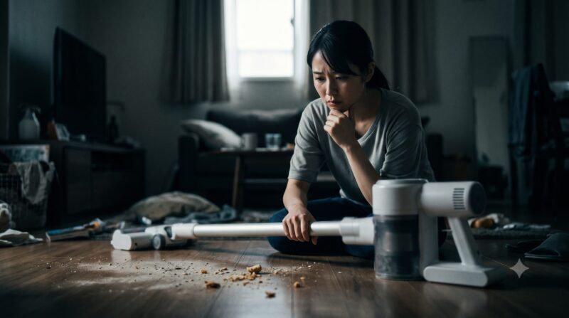 散乱したゴミを前に、コードレス掃除機の性能や掃除に絶望して悩む日本人女性の姿。