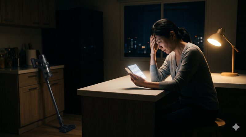 夜の暗いキッチンでスマートフォンを見ながら頭を抱えて悩む女性と、立てかけられたコードレス掃除機。