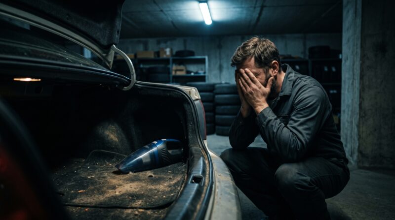 車用ハンディクリーナーで掃除がうまくいかず、トランク前で絶望する外国人男性。悪い口コミを想起させるデメリットイメージ。