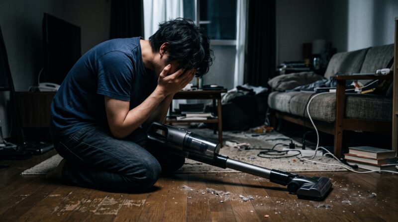 散らかった部屋でコードレス掃除機を前に頭を抱えて悩み後悔している男性