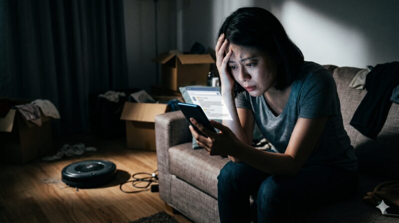 深刻な表情でスマホを見つめて頭を抱える女性。