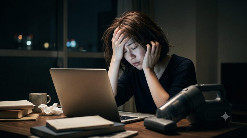 深夜のデスクでラップトップを前に、コードレス布団クリーナーの横で後悔と苦悩の表情を浮かべて頭を抱える日本人女性。