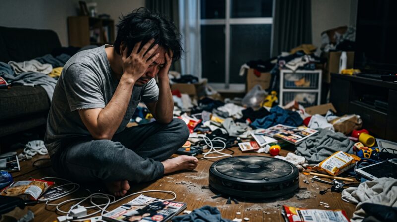 散らかった部屋でロボット掃除機「ルンバ」を前に絶望し頭を抱える日本人男性