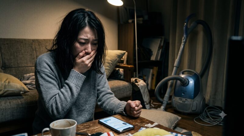 夜、薄暗い部屋でキャニスター掃除機の口コミを見て後悔し、泣きそうになっている女性。