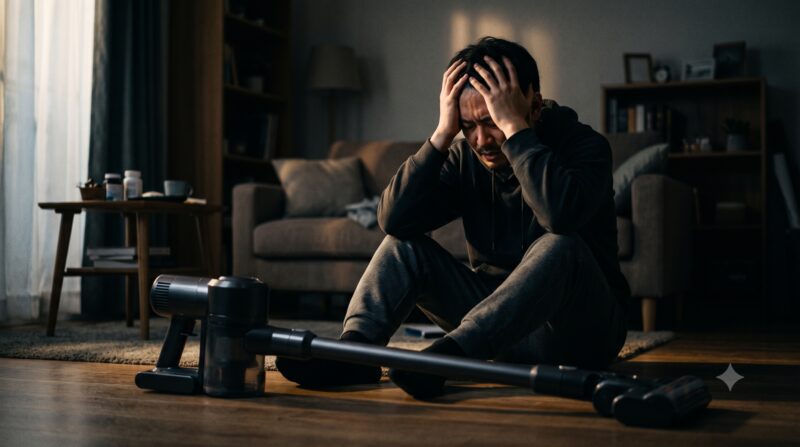 床に置かれた掃除機を前に、頭を抱えて絶望する男性