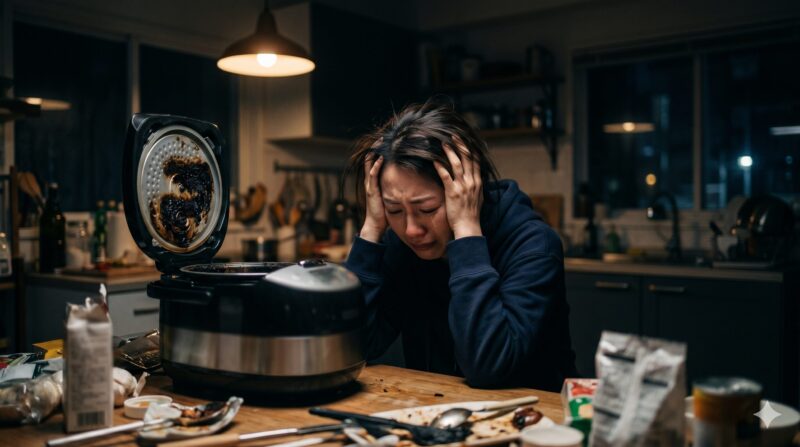 オートクッカーの焦げ付きによる調理失敗に後悔し、泣き崩れる日本人女性の画像