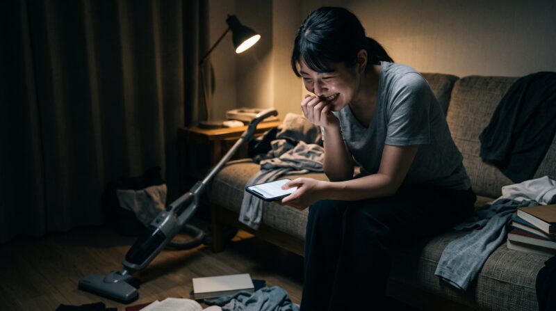 スマートフォンを見て満面の笑みを浮かべる日本人女性の画像