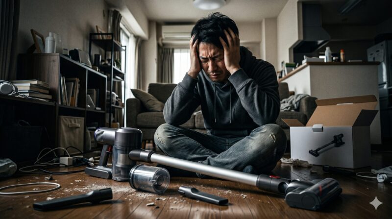 コードレス掃除機の悪い口コミ通りのデメリットに絶望する男性