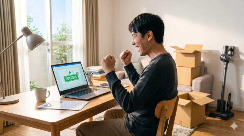 引っ越し準備中の部屋で、ノートパソコンの画面を見てガッツポーズをして喜ぶ男性。