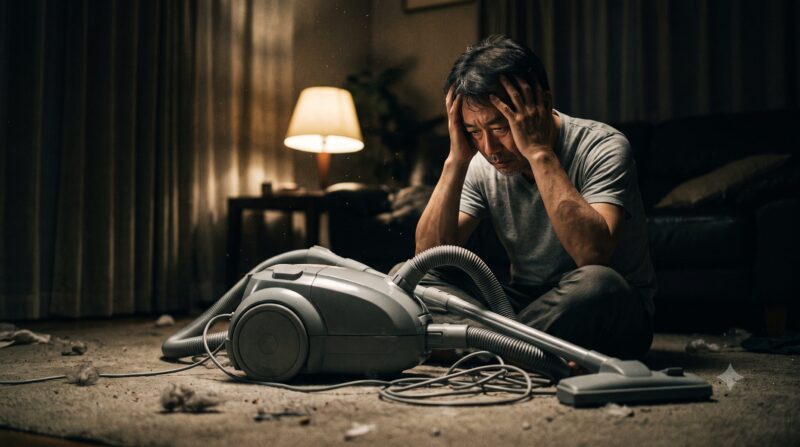掃除機のデメリットや購入の失敗に悩み、薄暗い部屋で頭を抱えて後悔している男性の様子。