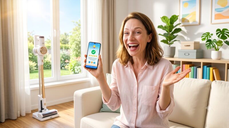 明るいリビングルームで、掃除機の5つ星満点レビューをスマートフォンで見せて喜ぶ笑顔の女性