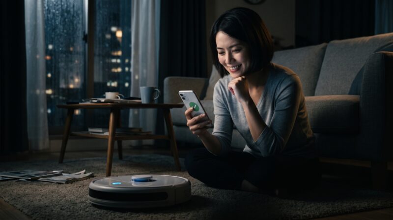 夜のリビングでRoborockロボット掃除機を見つめ、満足げな笑顔を浮かべる日本人女性