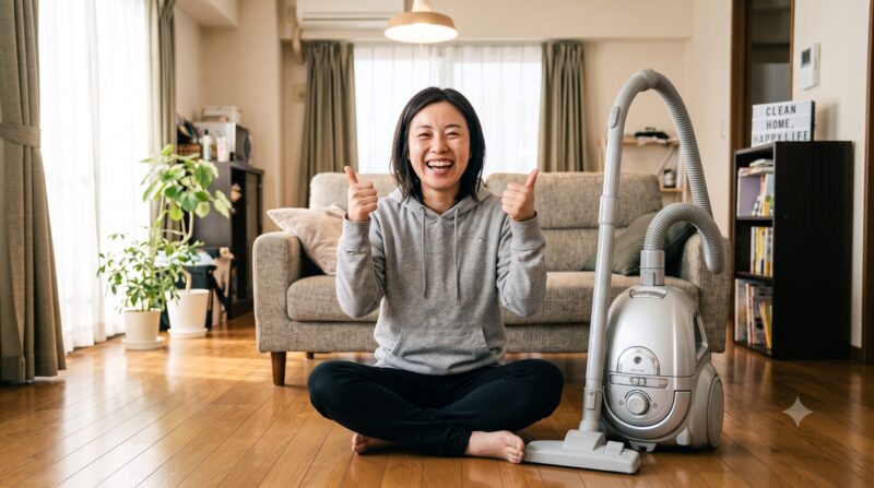 リビングに座り、掃除機の横で両手の親指を立てて喜ぶ笑顔の日本人女性。