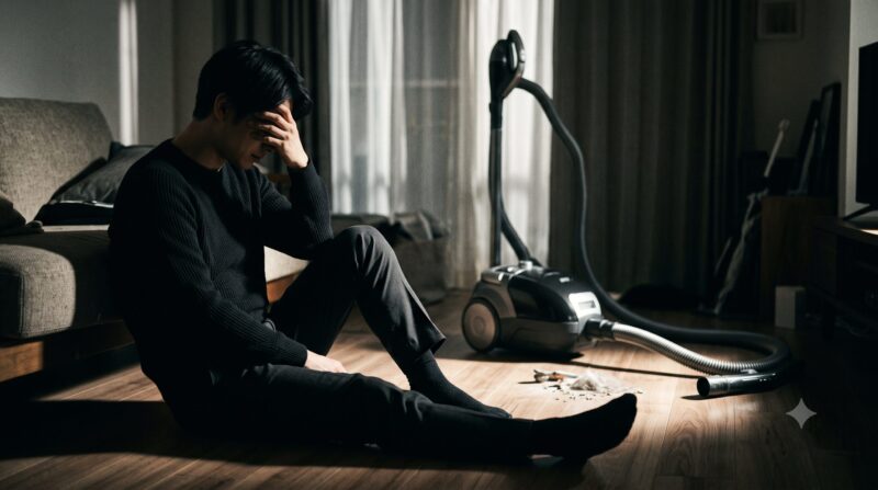 掃除機のデメリットに絶望し、ゴミが残った床で頭を抱えて落ち込む男性