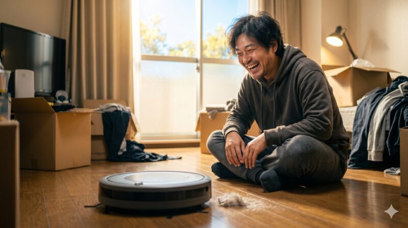 リビングの床に座り、ロボット掃除機がホコリを掃除する様子を見て嬉しそうに笑う男性。