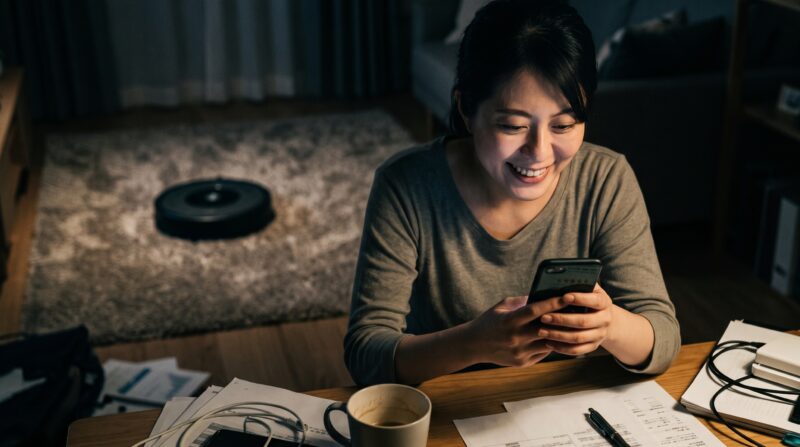 夜、デスクでロボット掃除機L10s Ultra Gen3の口コミをスマホで見て、良い評判に安堵し満面の笑顔を浮かべる日本人女性の様子
