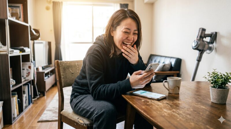 コードレス掃除機の口コミや評判をスマホで調べて笑顔になっている女性のイメージ画像。