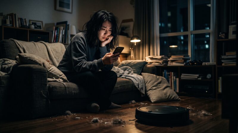 ロボット掃除機ローランの悪い口コミや評判をスマホで調べて、暗い部屋で深刻な表情で悩む女性。