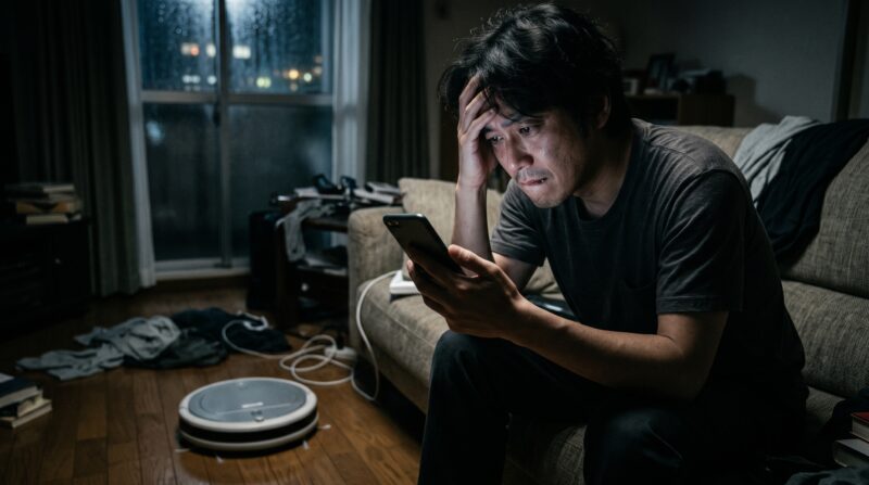 スマートフォンで「Plus 615 Combo」の口コミを見て、不安そうに頭を抱える男性。