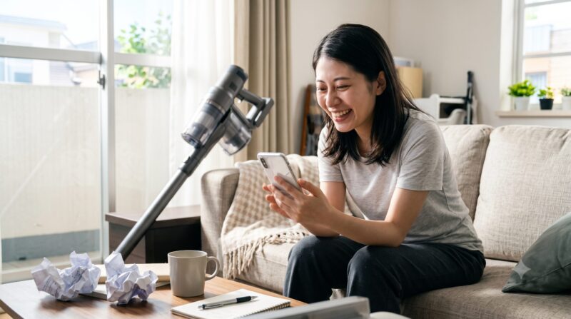 明るいリビングのソファでスマートフォンを見て爆笑する女性と、背後にあるコードレス掃除機。