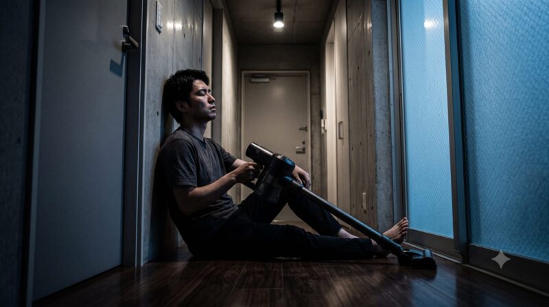 コードレススティッククリーナーを手に、購入を後悔しているような悲壮感漂う日本人男性が、薄暗い廊下に座り込む様子。
